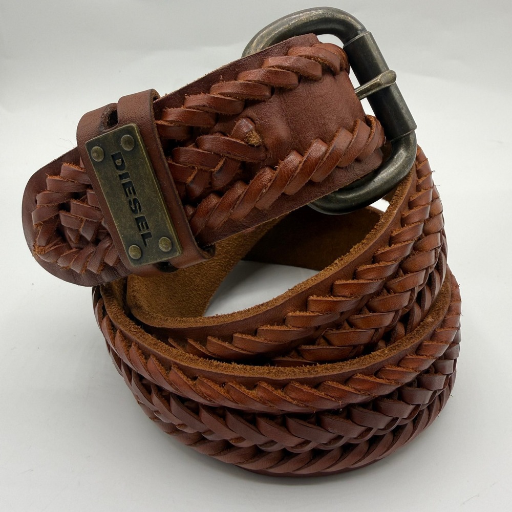 Diesel Brown Woven Braided Leather Belt STRIPEBRAID 100/40 Antiqued Buckle